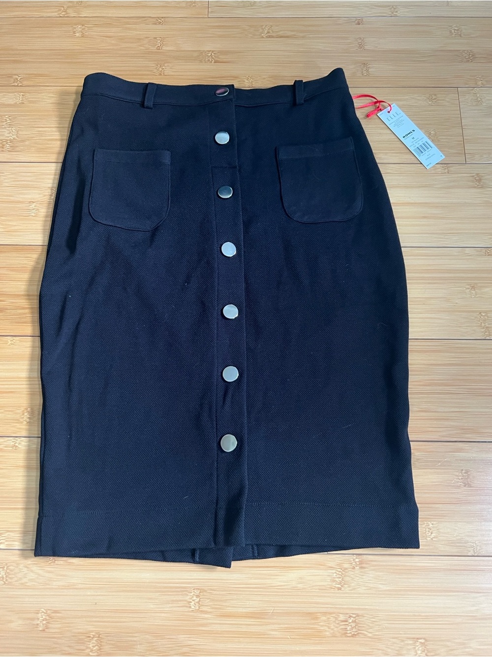 NWT Elle Black Knit Pencil Skirt Medium M Button Front Midi Office Siren Pockets